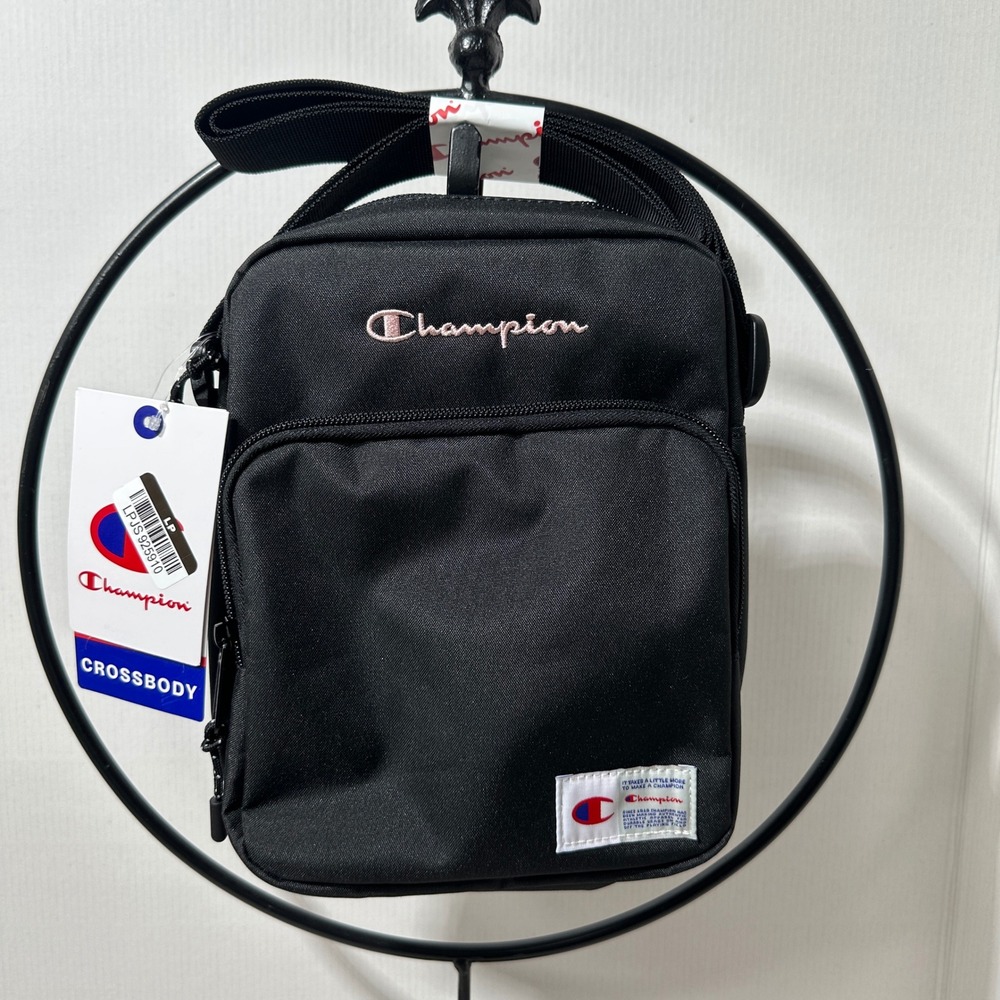 Champion Crossbody Bag Black Adjustable Strap Front Back Pockets New With Tags